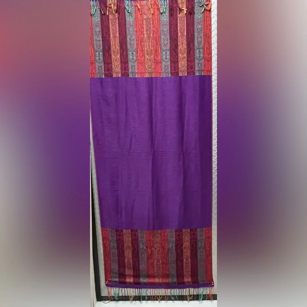 Vintage Colorful Woven Shawl Wrap Scarf Purple Orange Aqua 27” x 68”